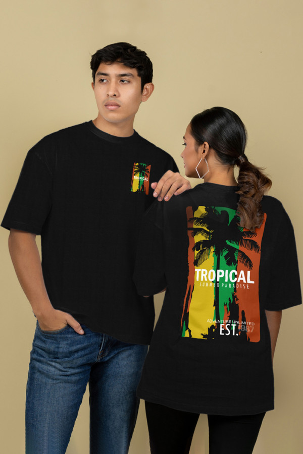 UNISEX OVERSIZE PRINT T SHIRT-BLACK TROPICAL