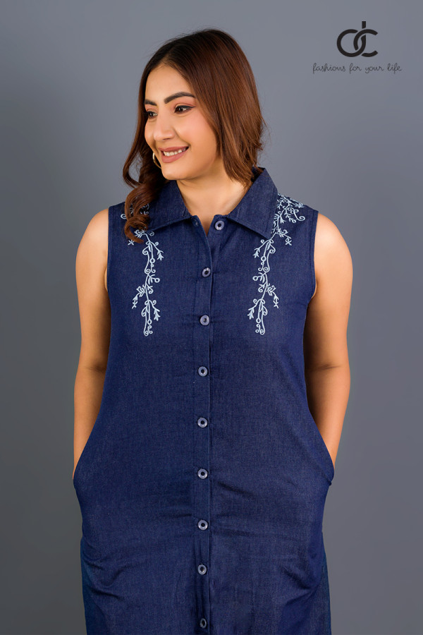 SLEEVELESS EMBROIDER LINEN DRESS - DCW 304