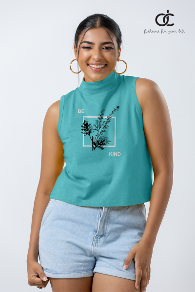 HIGH NECK PRINT L.BLUE CROP TOP - DCW 351 HIGH NECK PRINT L.BLUE CROP TOP - DCW 351