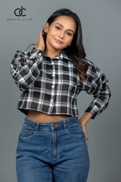 LONGSLEEVE CROP TOP CHECK SHIRT- DCWS 1005 LONGSLEEVE CROP TOP CHECK SHIRT- DCWS 1005