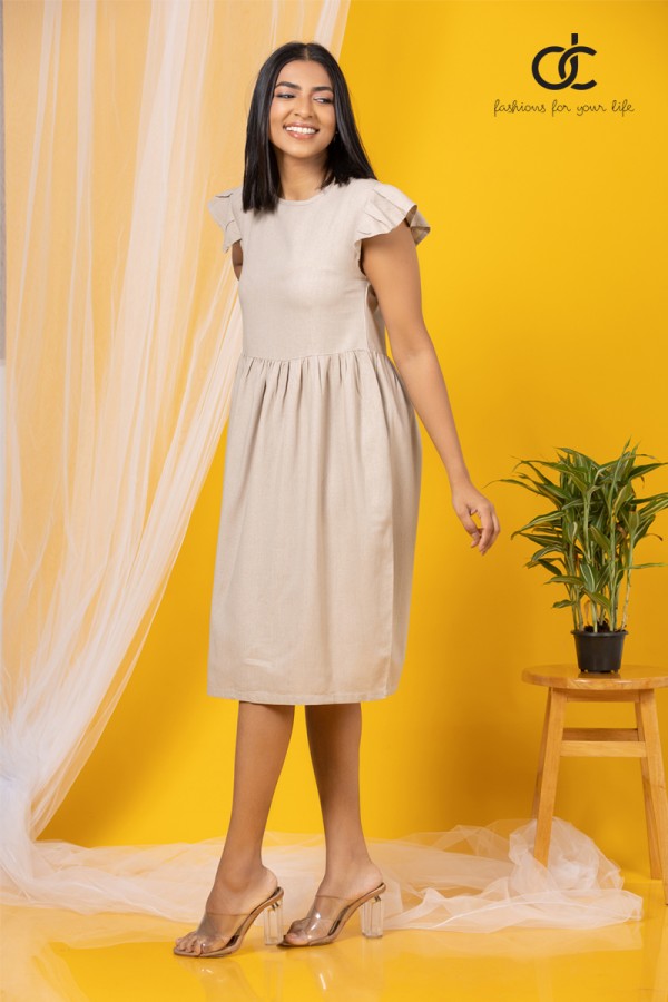 Beige Sleeve Frill Linen Dress