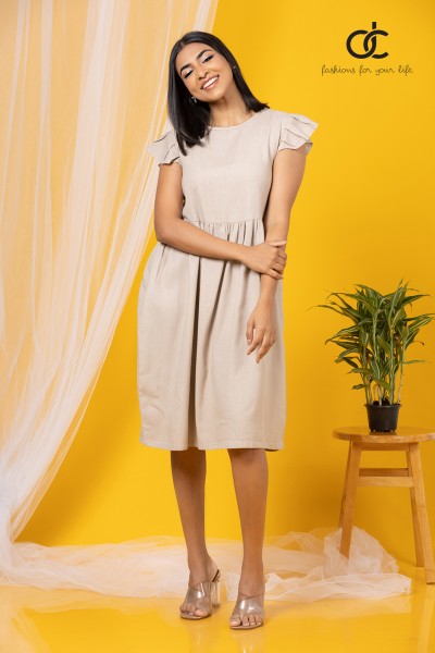 Beige Sleeve Frill Linen Dress Beige Sleeve Frill Linen Dress