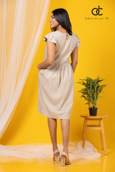 Beige Sleeve Frill Linen Dress Beige Sleeve Frill Linen Dress