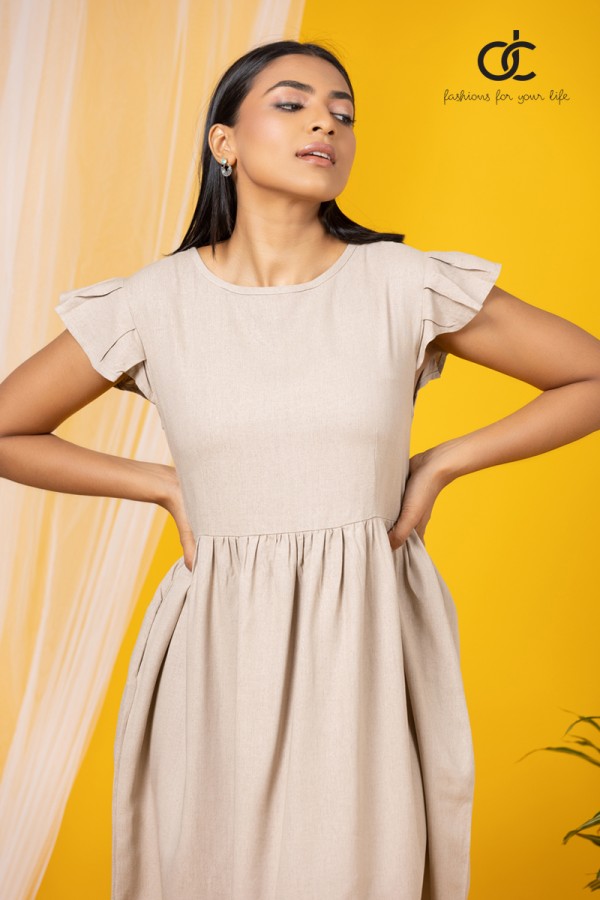 Beige Sleeve Frill Linen Dress