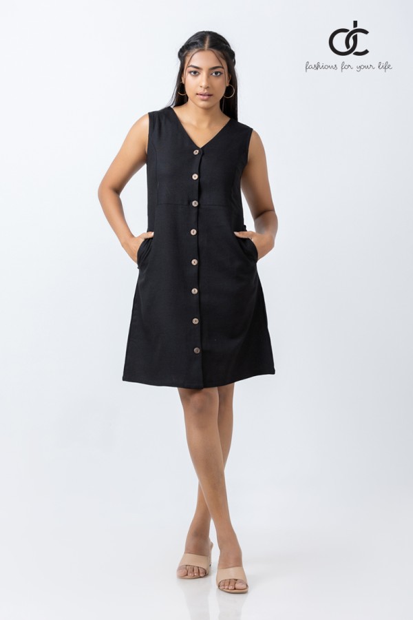 V NECK FRONT BUTTONED LINEN DRESS (DCW 299)