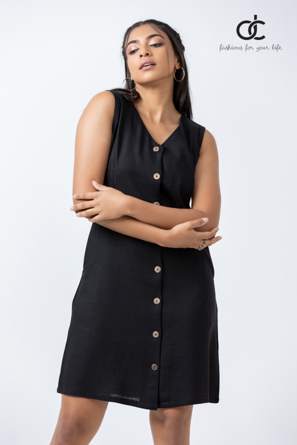 V NECK FRONT BUTTONED LINEN DRESS (DCW 299)